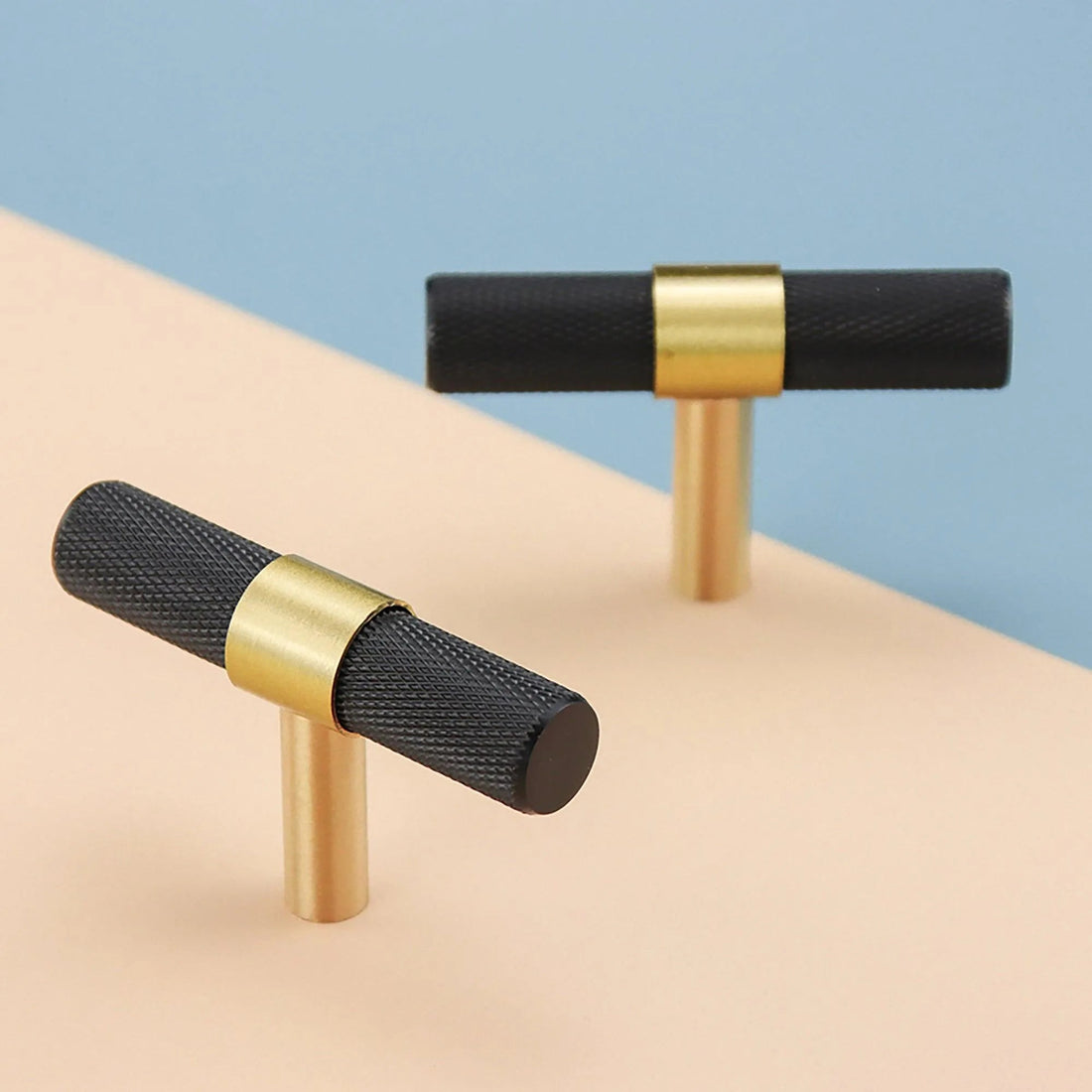  B-0064 Cleo T-Bar handle in brushed brass, sizes 50mm, 130mm, 160mm, 190mm &amp; 224mm, for kitchen cabinets, wardrobes, and drawers by Mantara.