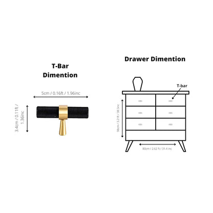  B-0064 Cleo T-Bar handle in brushed brass, sizes 50mm, 130mm, 160mm, 190mm &amp; 224mm, for kitchen cabinets, wardrobes, and drawers by Mantara.