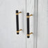  Mantara Cleo T Bar Handle B-0064 is a modern knurled brushed brass handle in black ,ideal for wardrobes and cabinets.