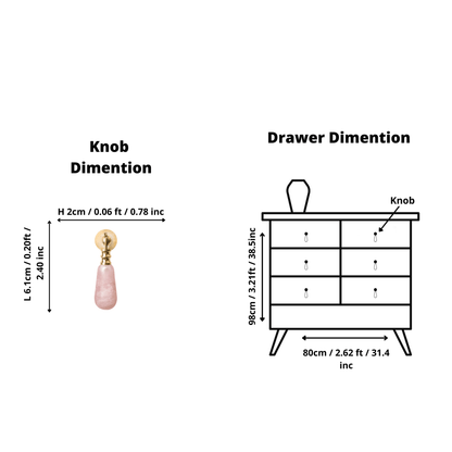The Mantara C-0007 is a modern natural crystal + brass drop knob in pink, ideal for wardrobes and drawers.