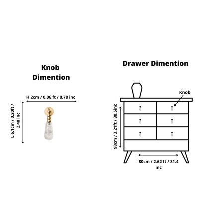 The Mantara C-0007 is a modern natural crystal + brass drop knob in white, ideal for wardrobes and drawers.