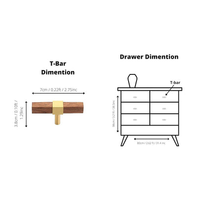 Ebonex Handle W-0009 in brushed brass &amp; walnut, sizes 70–391mm, suits doors, cabinets &amp; wardrobes—by Mantara.