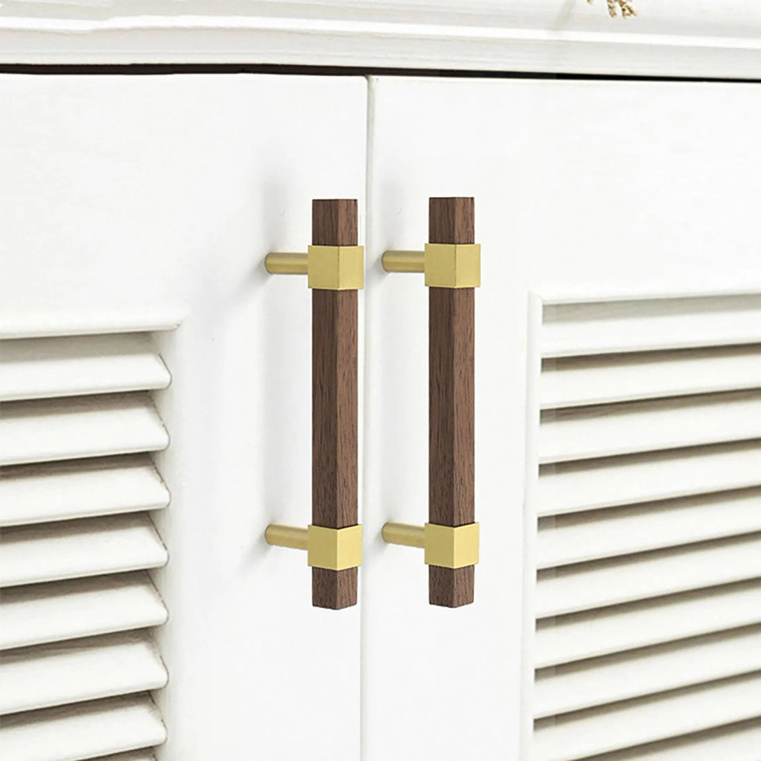 Ebonex Handle W-0009 in brushed brass &amp; walnut, sizes 70–391mm, suits doors, cabinets &amp; wardrobes—by Mantara.