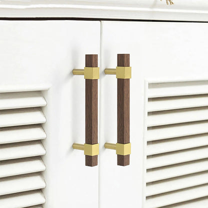 Ebonex Handle W-0009 in brushed brass &amp; walnut, sizes 70–391mm, suits doors, cabinets &amp; wardrobes—by Mantara.