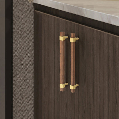 Ebonex Handle W-0009 in brushed brass &amp; walnut, sizes 70–391mm, suits doors, cabinets &amp; wardrobes—by Mantara.
