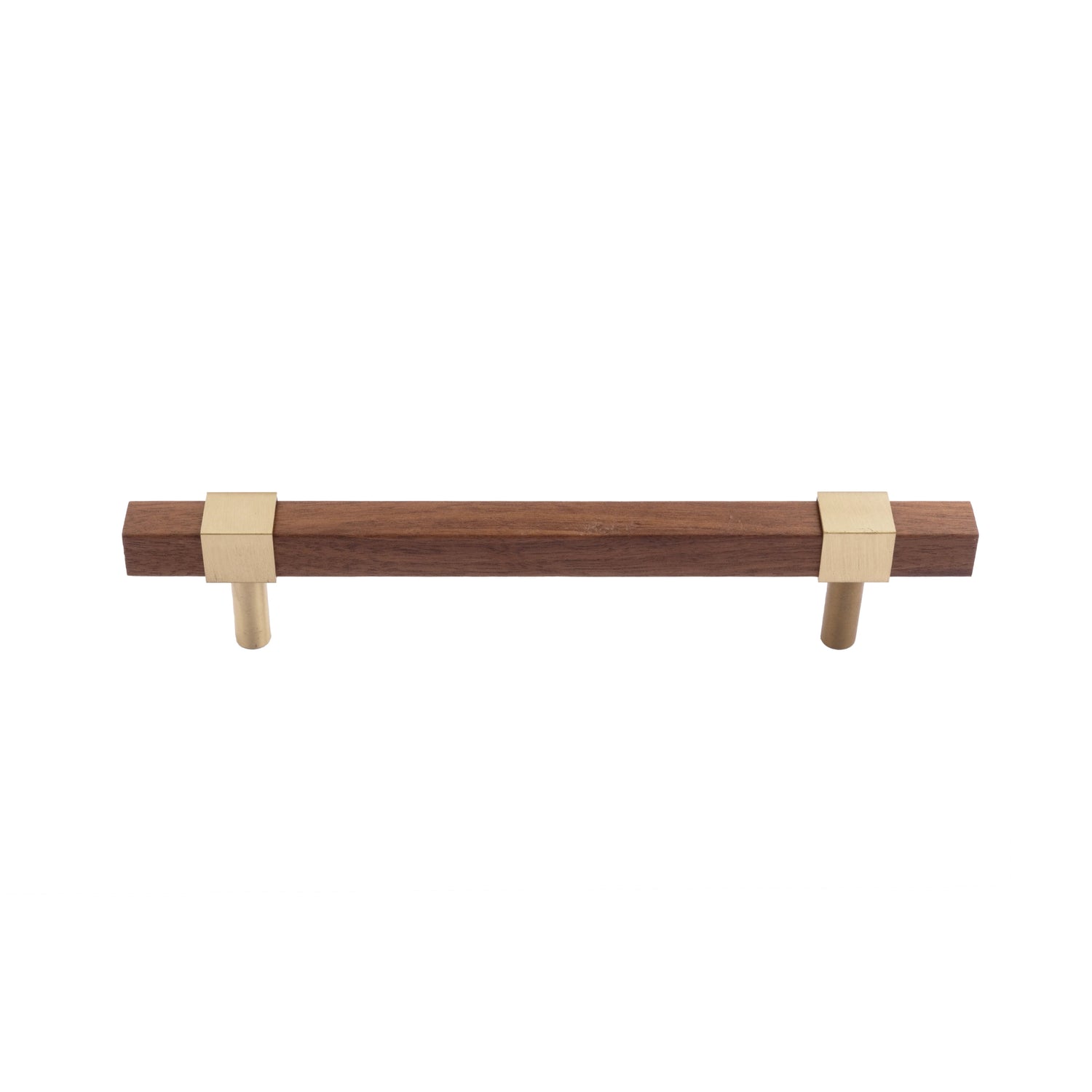 Ebonex Handle W-0009 in brushed brass &amp; walnut, sizes 70–391mm, suits doors, cabinets &amp; wardrobes—by Mantara.