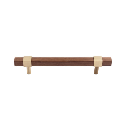 Ebonex Handle W-0009 in brushed brass &amp; walnut, sizes 70–391mm, suits doors, cabinets &amp; wardrobes—by Mantara.