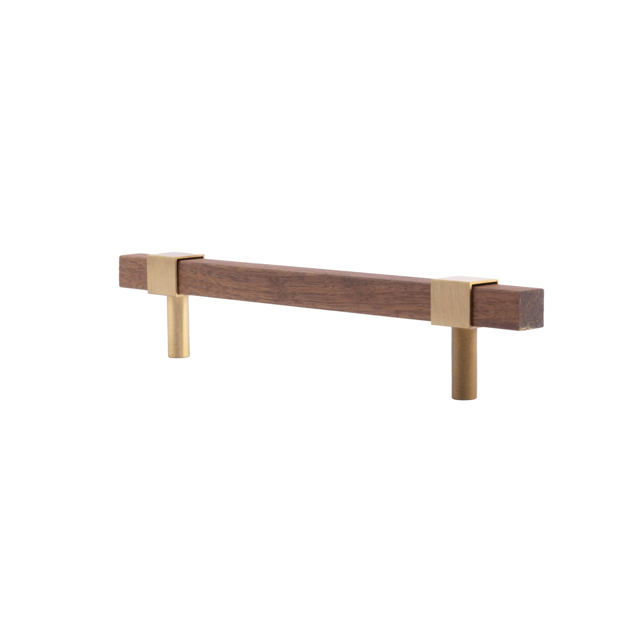 Ebonex Handle W-0009 in brushed brass &amp; walnut, sizes 70–391mm, suits doors, cabinets &amp; wardrobes—by Mantara.