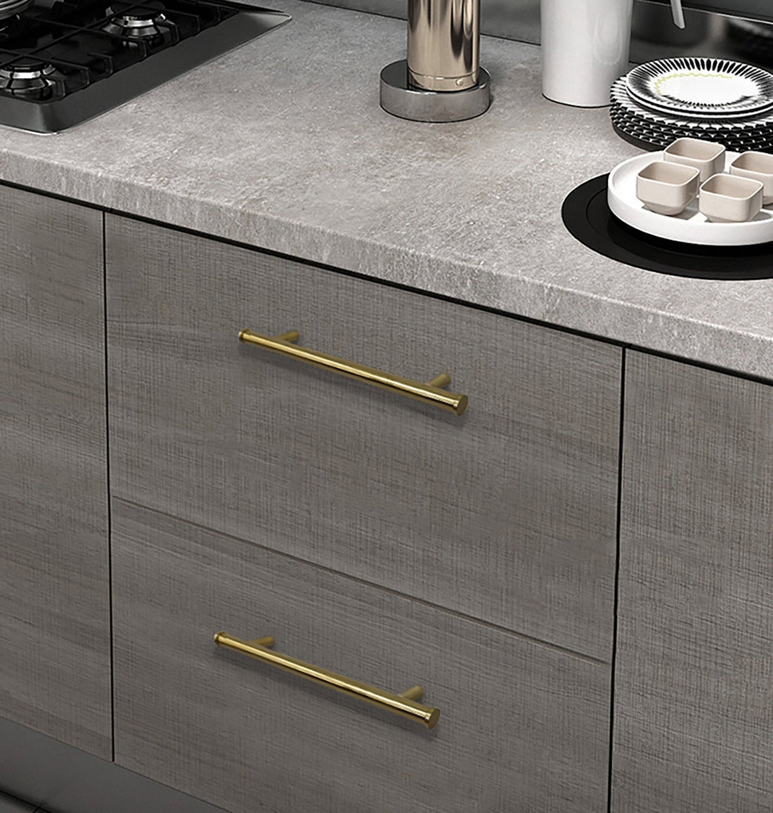 B-0058 Eleanora solid brass T-bar cabinet pull handle, gold finish, sizes 180mm, 260mm &amp; 270mm, for kitchen drawers &amp; wardrobes by Mantara.