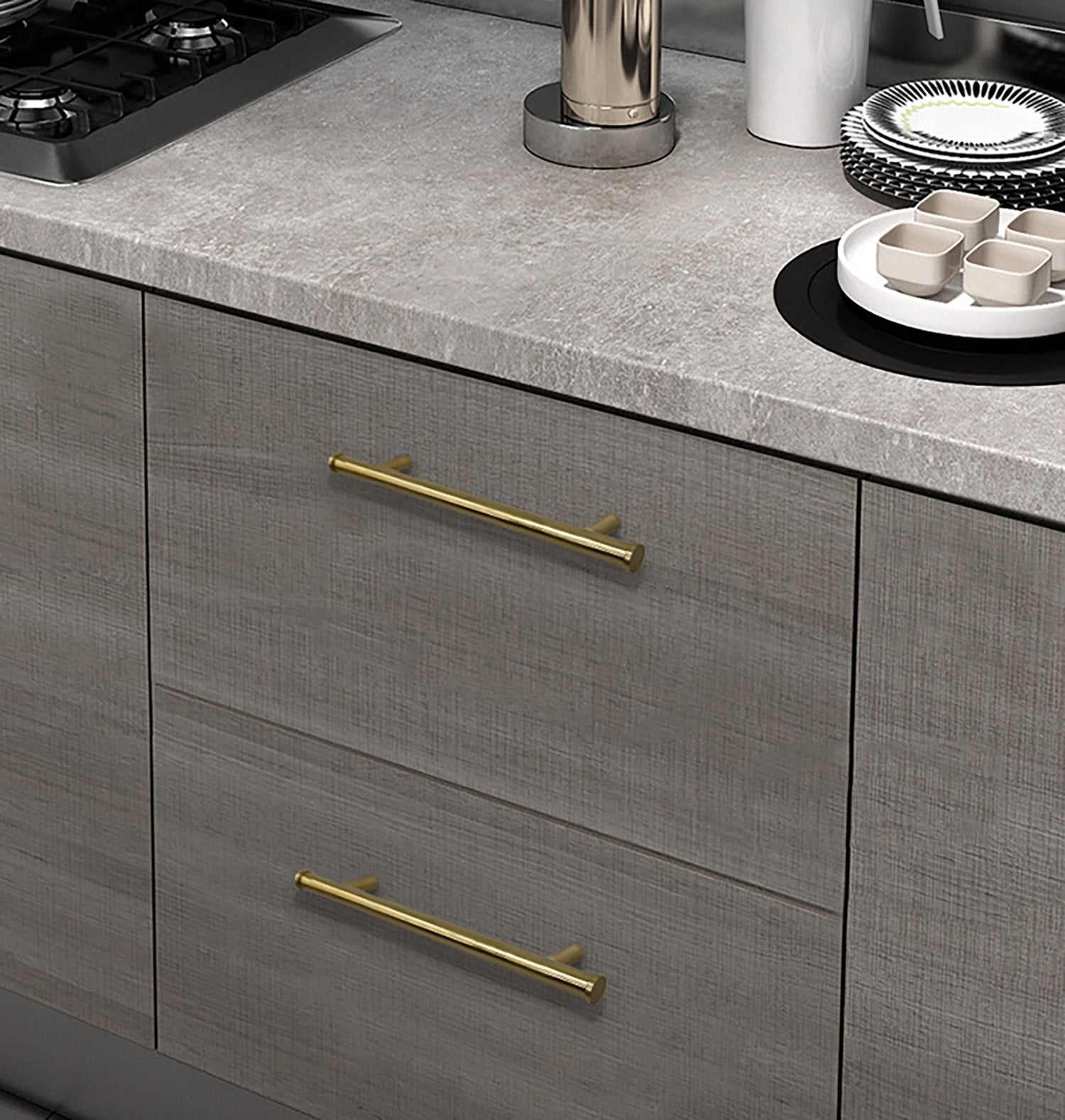 B-0058 Eleanora solid brass T-bar cabinet pull handle, gold finish, sizes 180mm, 260mm &amp; 270mm, for kitchen drawers &amp; wardrobes by Mantara.
