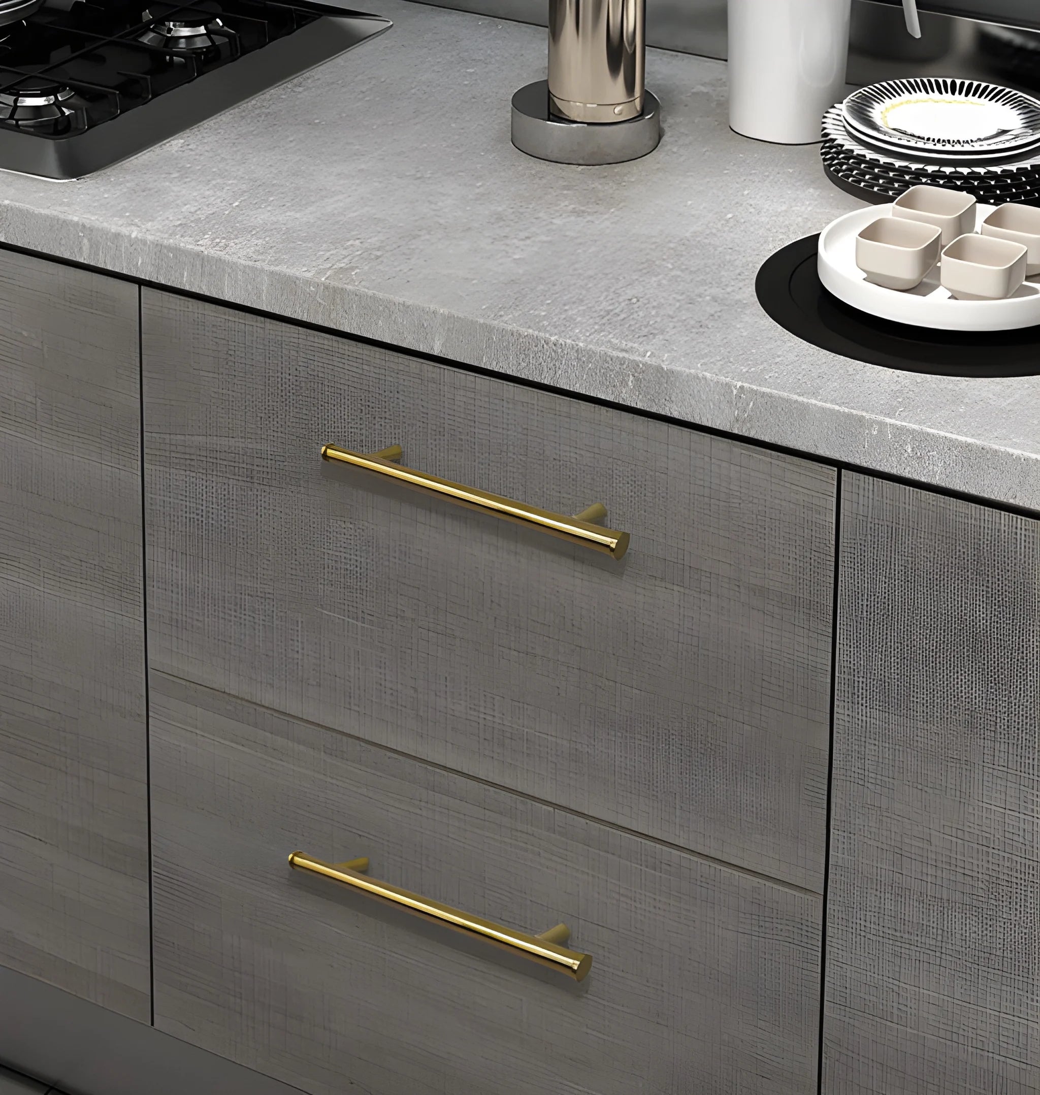 Mantara Eleanora Handle B-0058 is a modern solid brass handle in brushed gold, ideal for cabinets, doors, and wardrobes.