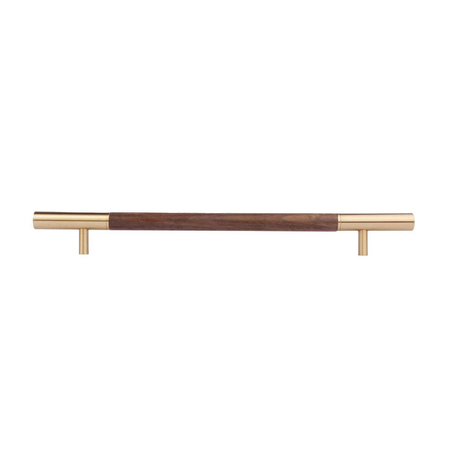 Elm Handle W-0004-H in brown natural wood with brushed brass finish, available in 305mm, 315mm &amp; 610mm sizes, ideal for wardrobes and modern furniture by Mantara.