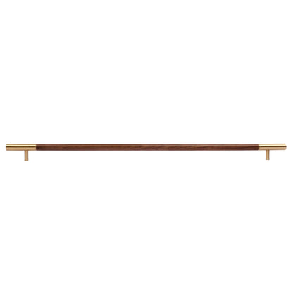 Elm Handle W-0004-H in brown natural wood with brushed brass finish, available in 305mm, 315mm &amp; 610mm sizes, ideal for wardrobes and modern furniture by Mantara.