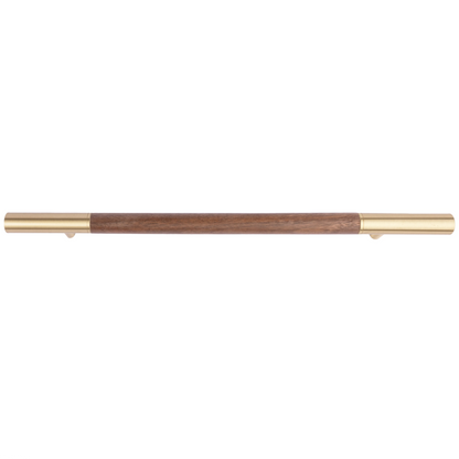 Elm Handle W-0004-H in brown natural wood with brushed brass finish, available in 305mm, 315mm &amp; 610mm sizes, ideal for wardrobes and modern furniture by Mantara.