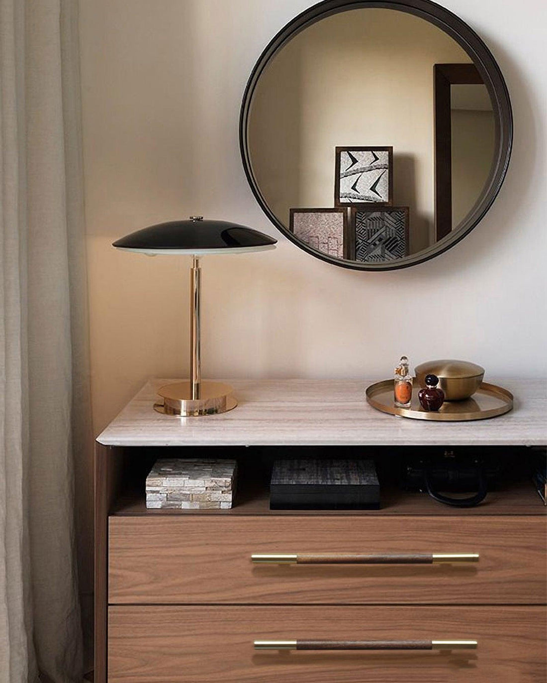 Elm Handle W-0004-H in brown natural wood with brushed brass finish, available in 305mm, 315mm &amp; 610mm sizes, ideal for wardrobes and modern furniture by Mantara.