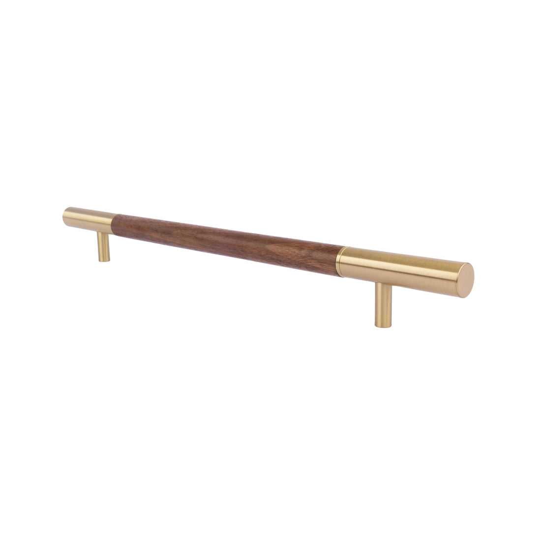Elm Handle W-0004-H in brown natural wood with brushed brass finish, available in 305mm, 315mm &amp; 610mm sizes, ideal for wardrobes and modern furniture by Mantara.
