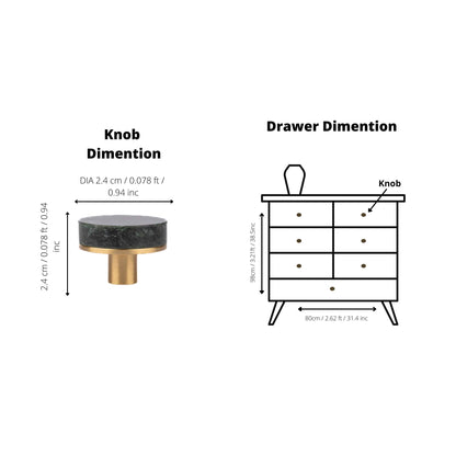 Elysian Knob M-0016 in green marble and brass, 32mm, polished face with brushed stem, for kitchen and dresser drawers.