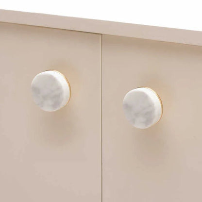 Elysian Knob M-0016 in white marble and brass, 32mm, polished face with brushed stem, for kitchen and dresser drawers.