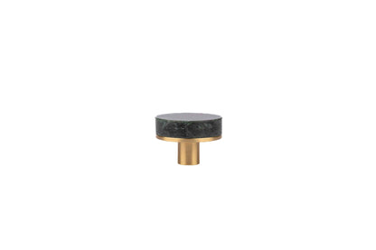 Elysian Knob M-0016 in green marble and brass, 32mm, polished face with brushed stem, for kitchen and dresser drawers.