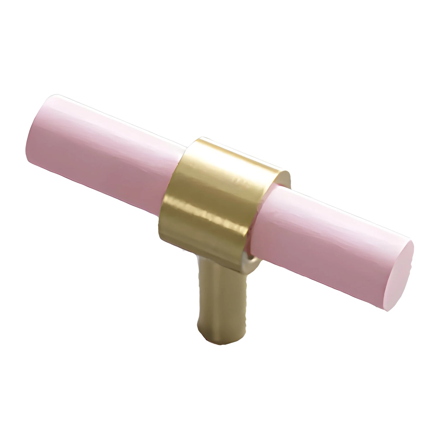 Mantara Pastel T Bar Handle W-0005 is a modern brass &amp; beech handle in  pink, ideal for drawers &amp; cupboards.