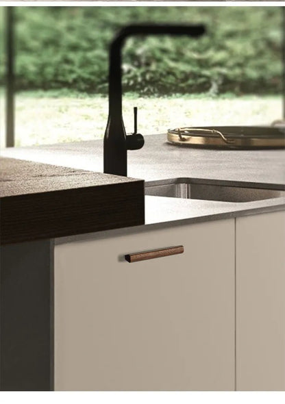 Drawer pull handle, Wood+aluminium, brown brushed finish, Mantara, Esha Handle W-0016, perfect for kitchen drawers and dressers
