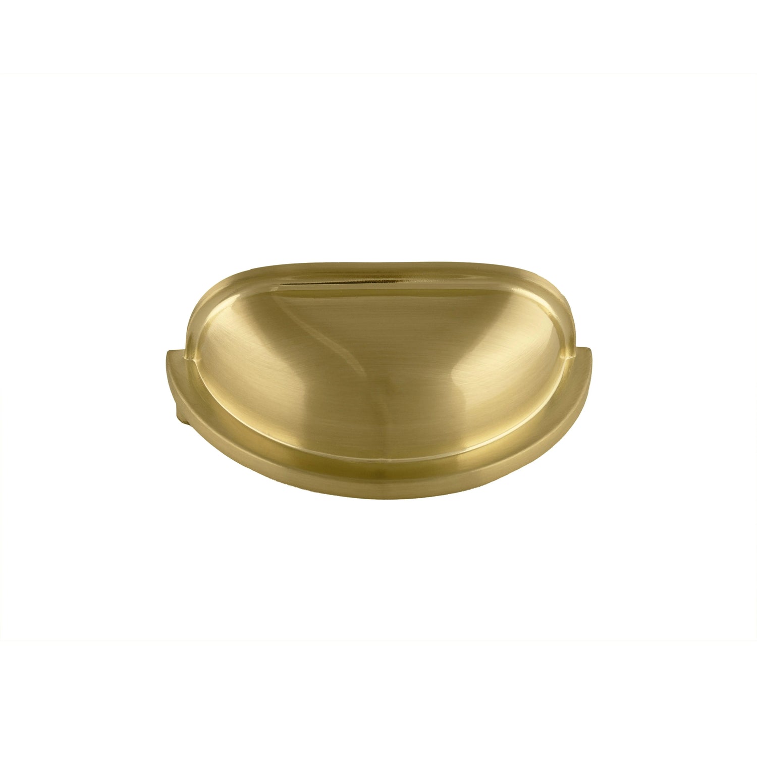 Gold-colored circular pull knob mounted on a white surface, designed for cabinets or furniture—by Mantara.
