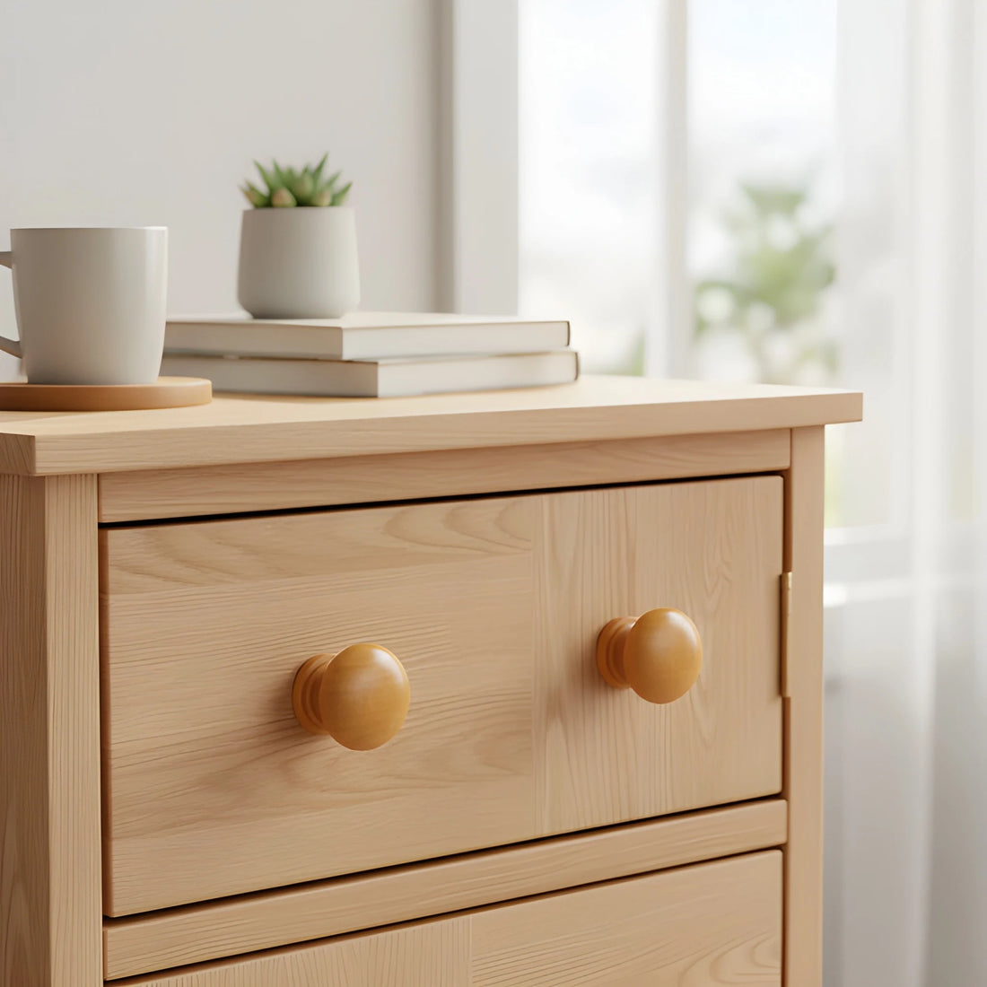 Cabinet knob made of wood in beech finish by Mantara, model W-0044 - modern wood knob for furniture.