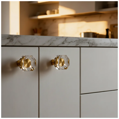 Vintage door knobs collection featuring solid brass crystal knobs in polished gold by Mantara, A-0001.