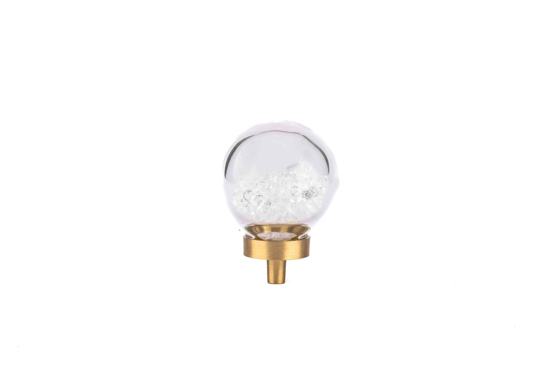 The Mantara C-0024 Frost Knob is a modern crystal and brass knob in white, ideal for drawers, cabinets, and kitchens.