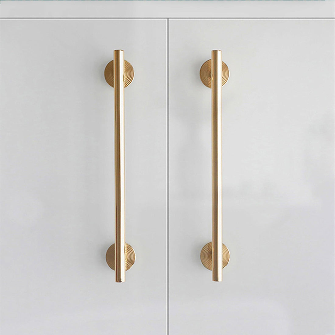 B‑0073 Holistic solid brass pull handle in brushed gold finish, available in 254 mm &amp; 510 mm lengths, perfect for wardrobes, doors, cabinets, and bathrooms by Mantara.