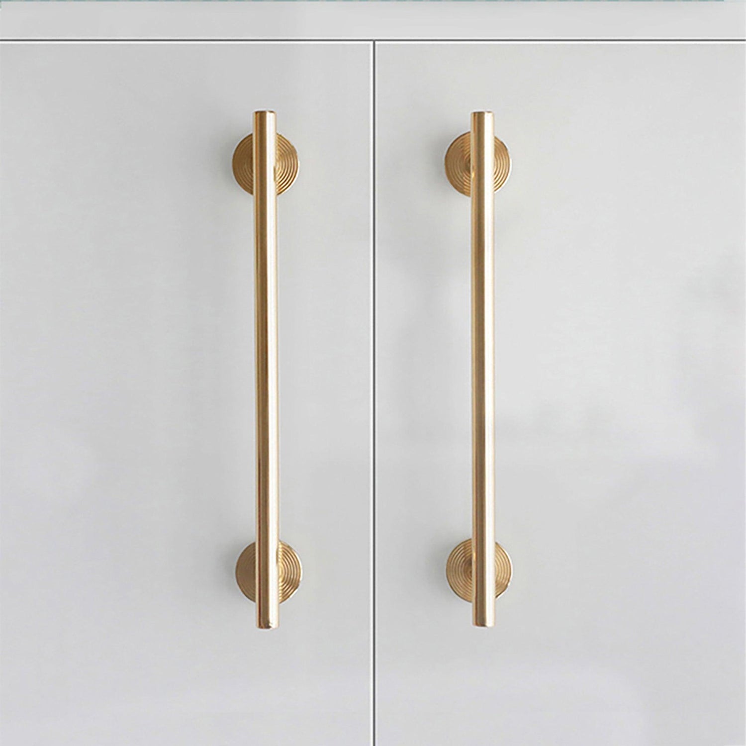 B‑0073 Holistic solid brass pull handle in brushed gold finish, available in 254 mm &amp; 510 mm lengths, perfect for wardrobes, doors, cabinets, and bathrooms by Mantara.