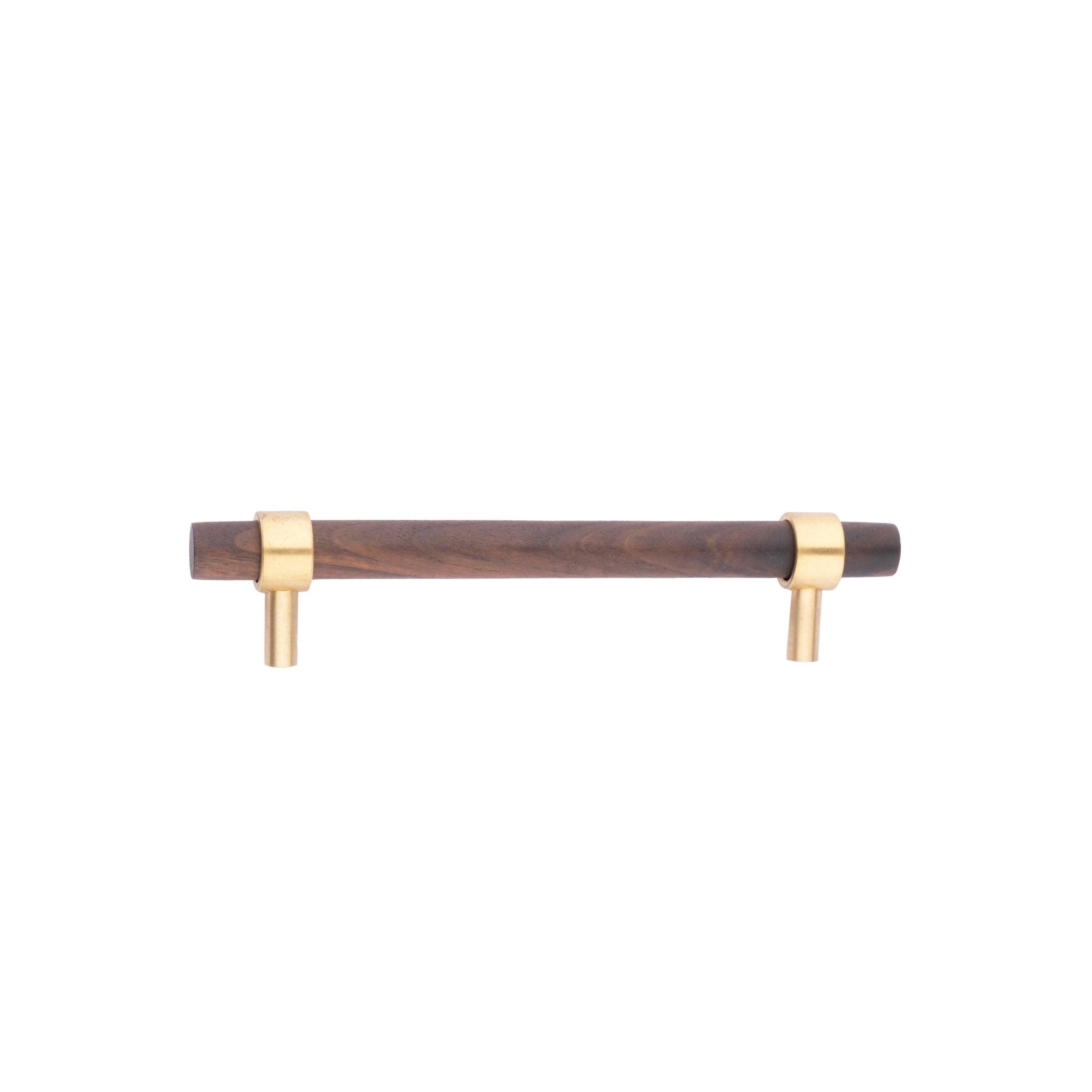 Holt Handle W-0010 in walnut &amp; brushed brass, sizes 60–370mm, suits furniture, drawers &amp; wardrobes—by Mantara.