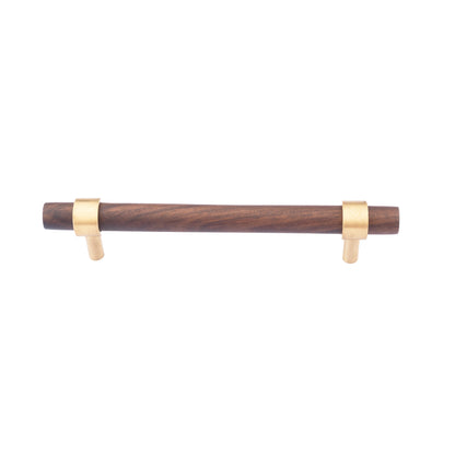 Holt Handle W-0010 in walnut &amp; brushed brass, sizes 60–370mm, suits furniture, drawers &amp; wardrobes—by Mantara.