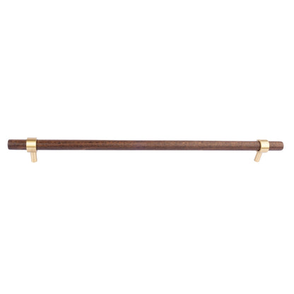 Holt Handle W-0010 in walnut &amp; brushed brass, sizes 60–370mm, suits furniture, drawers &amp; wardrobes—by Mantara.