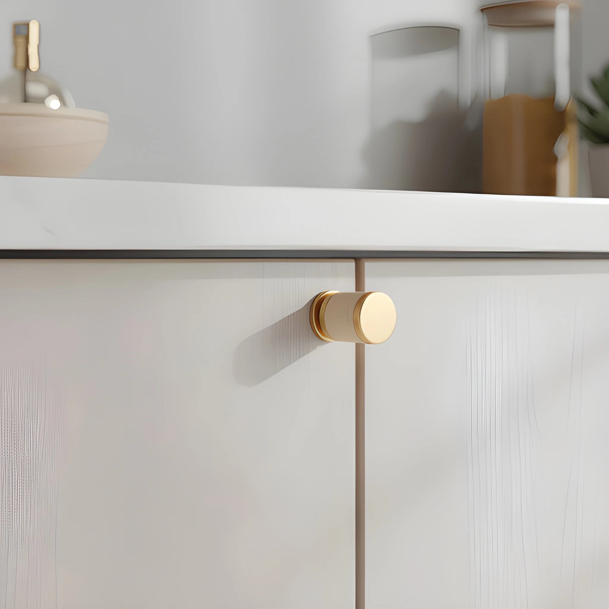 The Mantara L-0003 Tanner Knob is a modern brass and leather knob in white, perfect for cabinets and furniture.