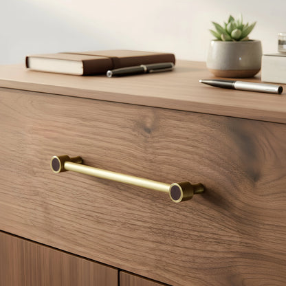 Mantara Oriana Handle W-0015 is a modern brass &amp; wood handle in brown+gold with brushed finish, ideal for doors &amp; cabinets.