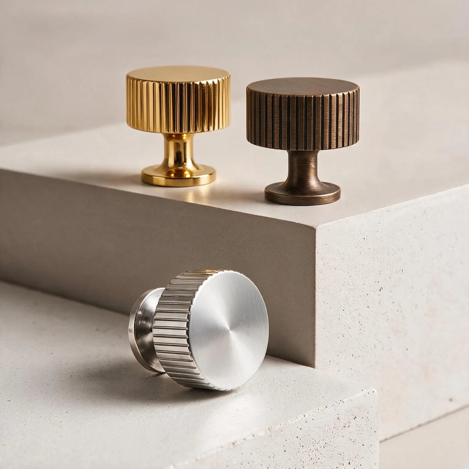 Three round knobs in gold, bronze, and silver finishes displayed on a light beige stone block against a neutral background.