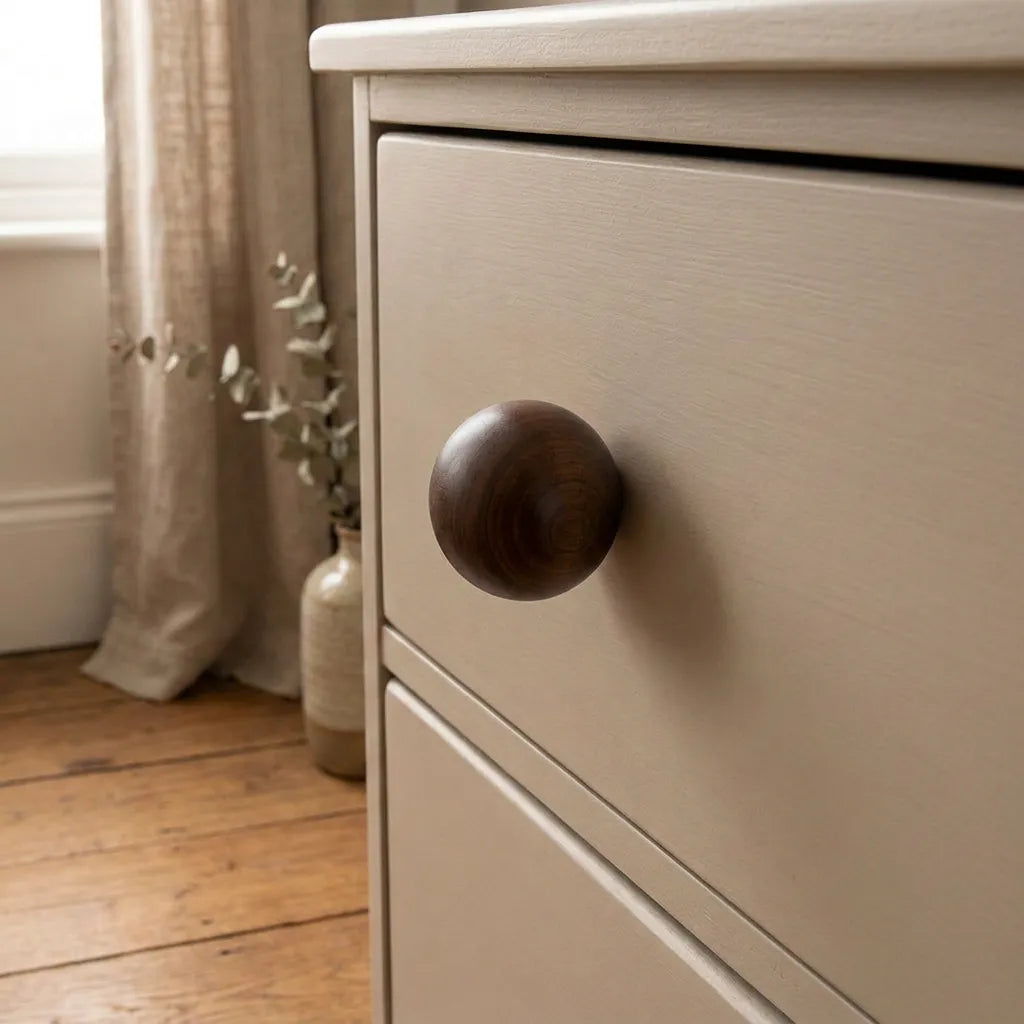 Close-up of a light beige wooden dresser drawer with a round dark brown wooden knob, set in a softly lit room with a curtain, vase, and wood floor.