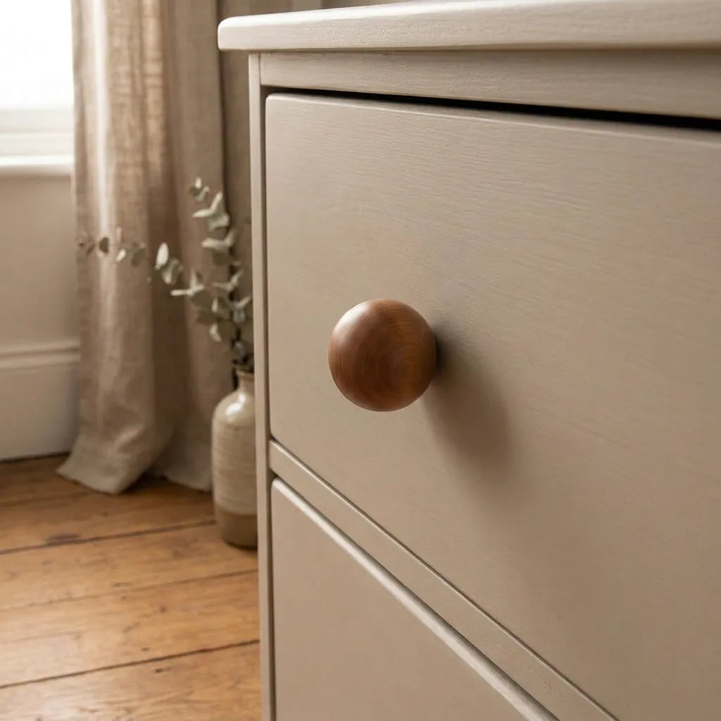 Close-up of a light beige wooden dresser with a round dark brown wooden knob, set in a softly lit room with a window, curtain, and wood floor.