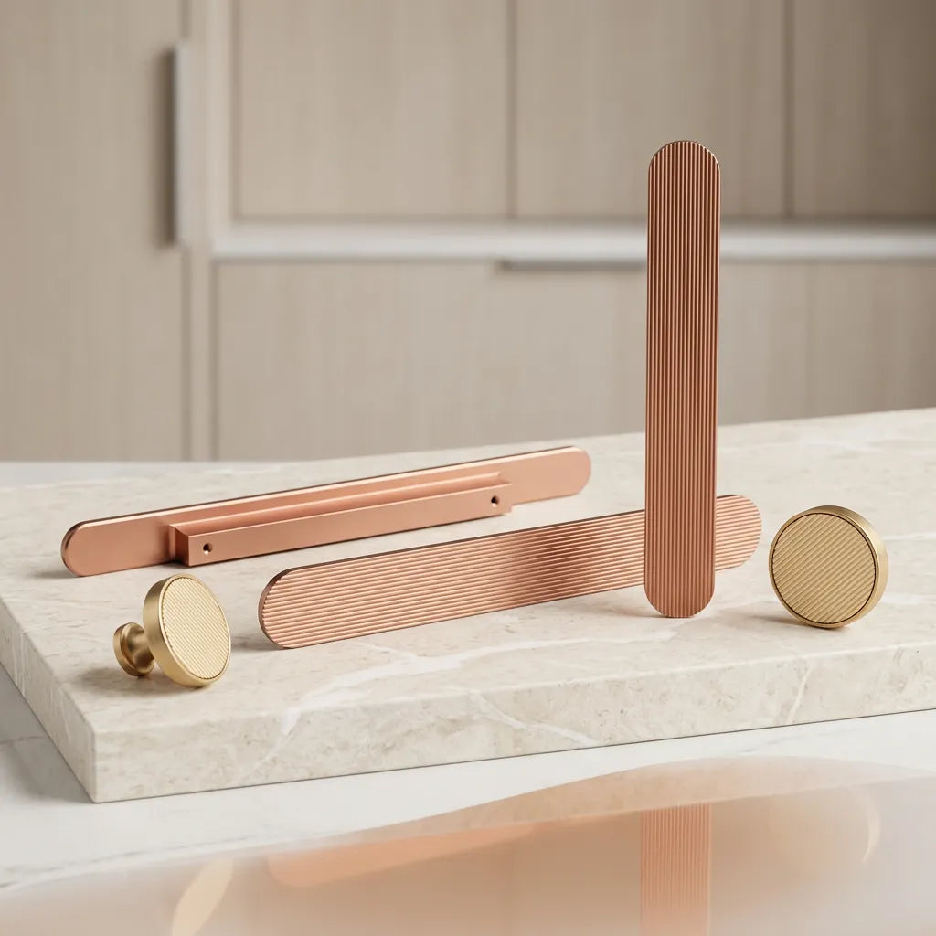 A coordinated set of modern cabinet hardware in warm metallic finishes, including two rose-gold bar pulls, one matching vertical bar, and two gold round knobs, arranged on a light stone slab with a softly blurred interior background.