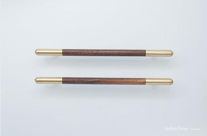 Mahogany Handle W-0003-H in brown natural wood with brushed brass finish, 305mm &amp; 610mm lengths, for wardrobes and furniture by Mantara.
