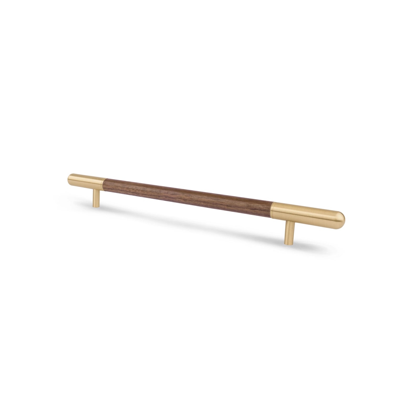 Mahogany Handle W-0003-H in brown natural wood with brushed brass finish, 305mm &amp; 610mm lengths, for wardrobes and furniture by Mantara.
