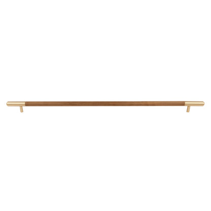 Mahogany Handle W-0003-H in brown natural wood with brushed brass finish, 305mm &amp; 610mm lengths, for wardrobes and furniture by Mantara.
