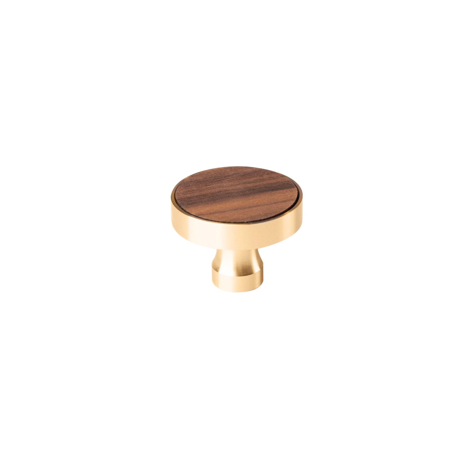 AMahogany Knob W-0003 in natural brown wood with brushed brass finish, 30mm &amp; 40mm diameter options, for drawers and cabinets by Mantara.
