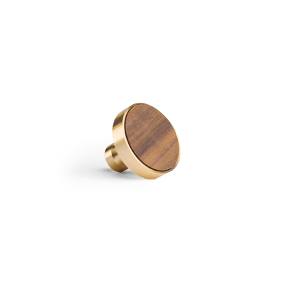 Mahogany Knob W-0003 in natural brown wood with brushed brass finish, 30mm &amp; 40mm diameter options, for drawers and cabinets by Mantara.
