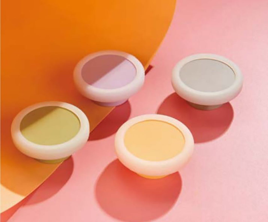 Mallow Knob S-0001 in white,Blue, Green, Grey, Pink, Purple, Yellow silicone, brushed finish, 51mm size, for drawers by Mantara.
