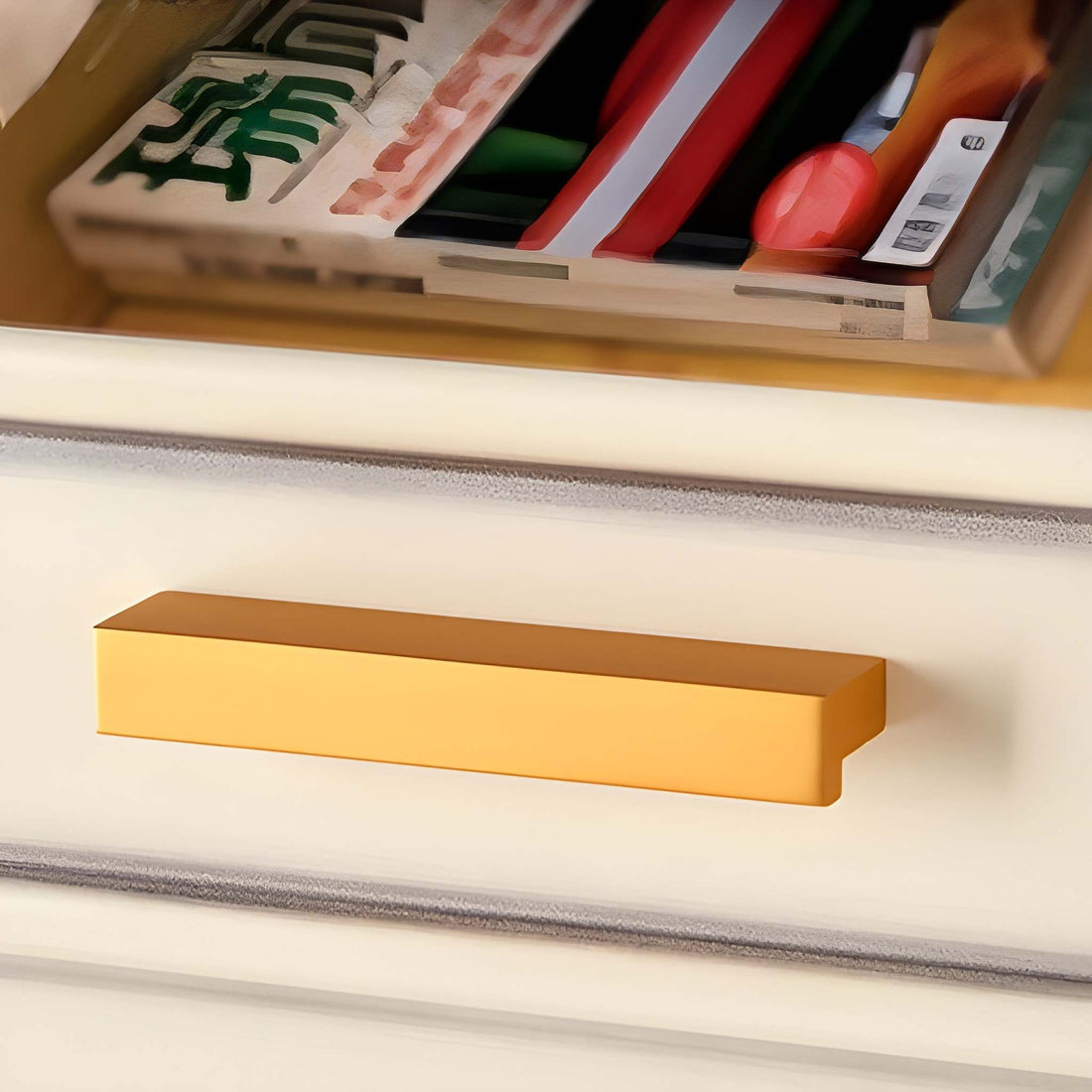 B‑0077 Vessna solid brass pull handle in brushed gold finish, 50 mm length with 30 mm center‑to‑center, ideal for drawers, cabinets, wardrobes and kitchens by Mantara.