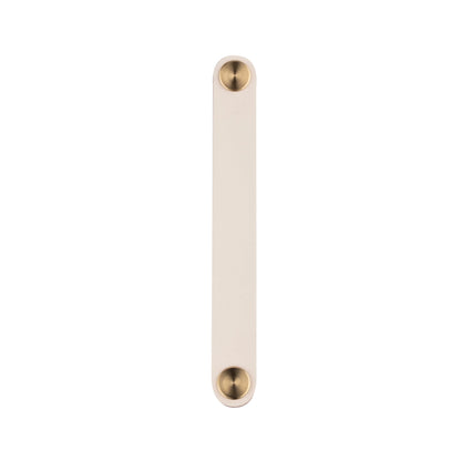 The Mantara L-0001-160 Maverick Handle is a Nordic leather and brass handle in white, ideal for kitchens and wardrobes.
