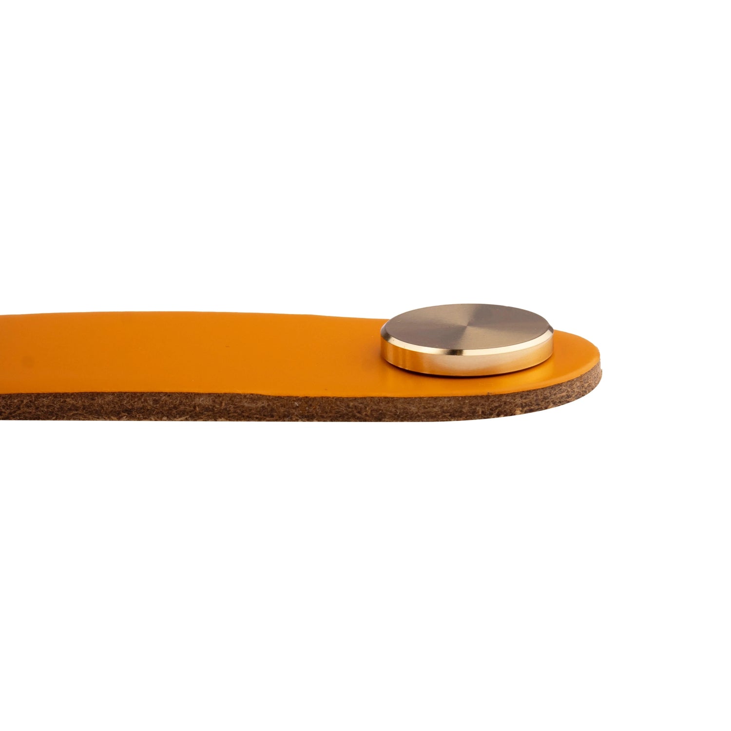 The Mantara L-0001-160 Maverick Handle is a Nordic leather and brass handle in orange, ideal for kitchens and wardrobes.