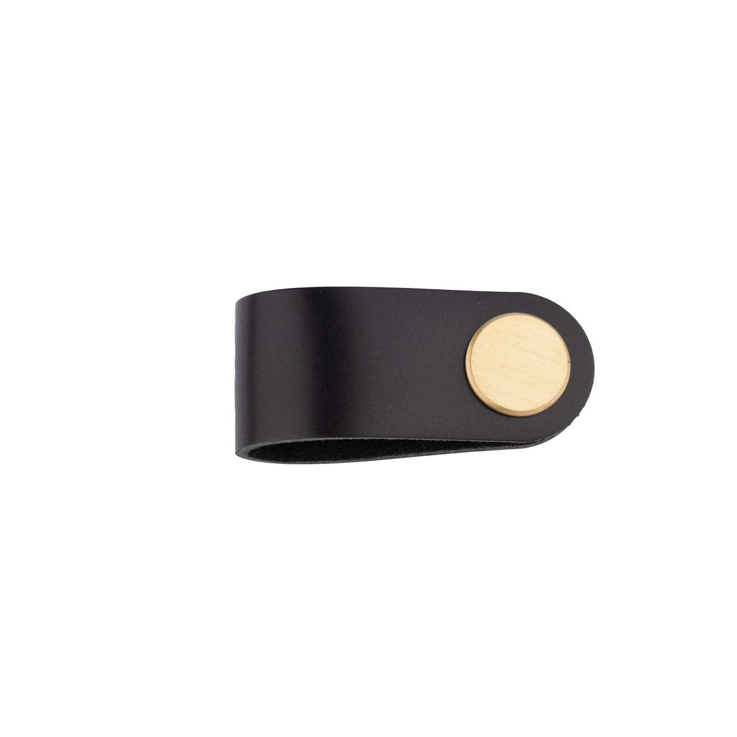The Mantara L-0001 Maverick Pull Knob is a Nordic leather and brass knob in black, ideal for kitchens and furniture.